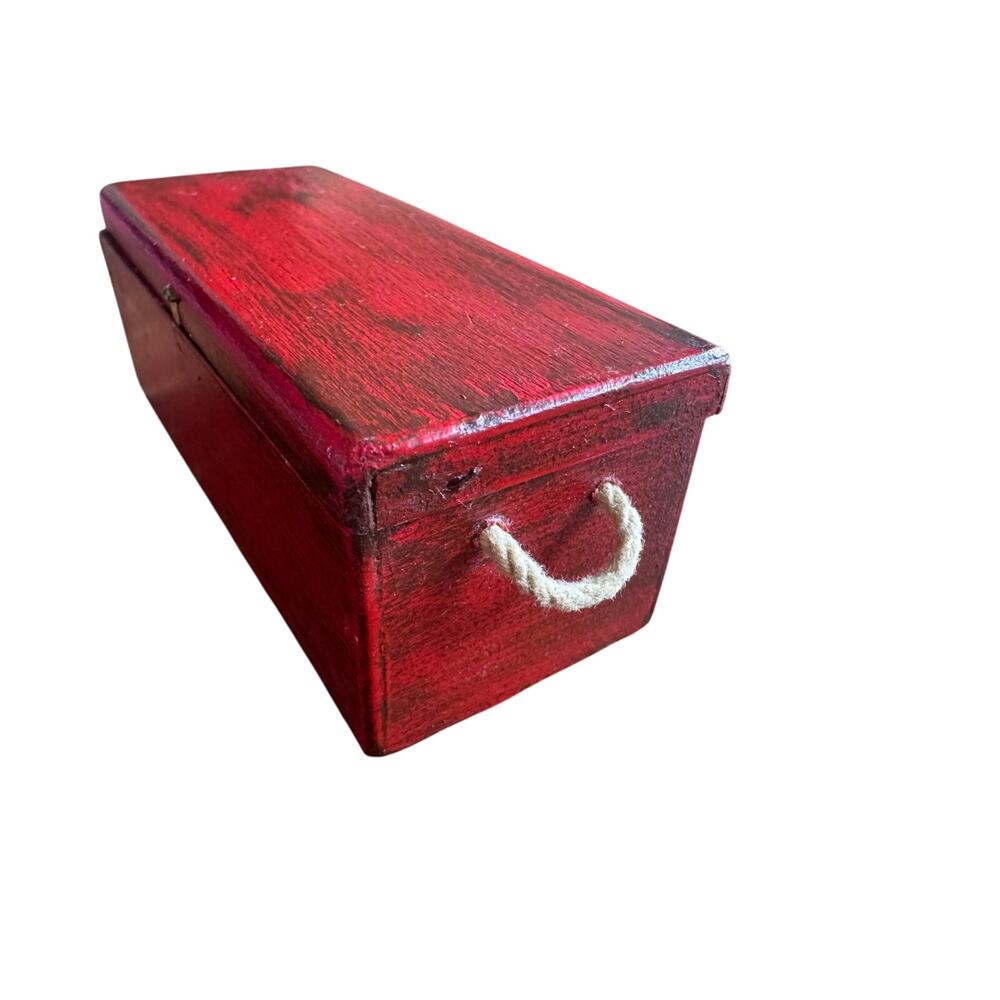Vintage Miniature Wooden Dollhouse Chest with Rope Handle Red Box